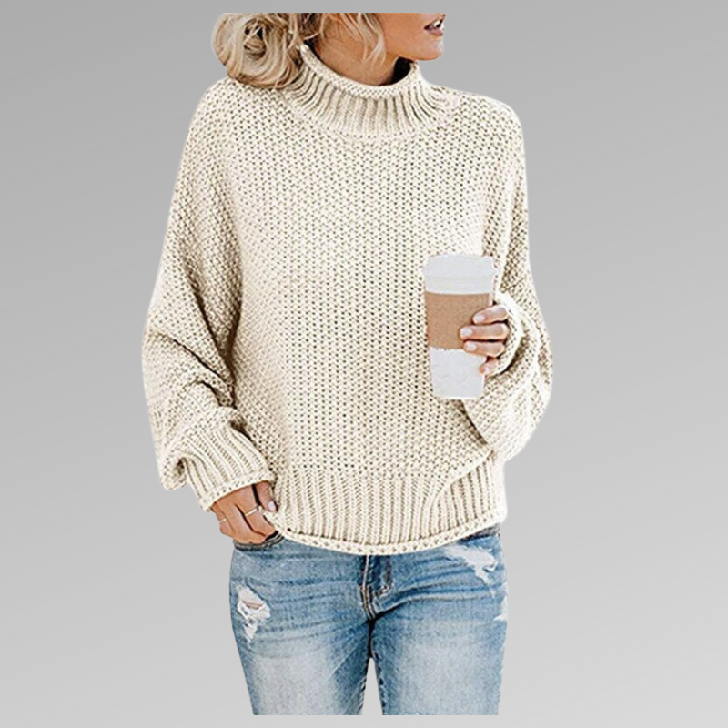 Women's high neck knit pullover sweater in solid orange cozy long-sleeve polyester fall winter style
