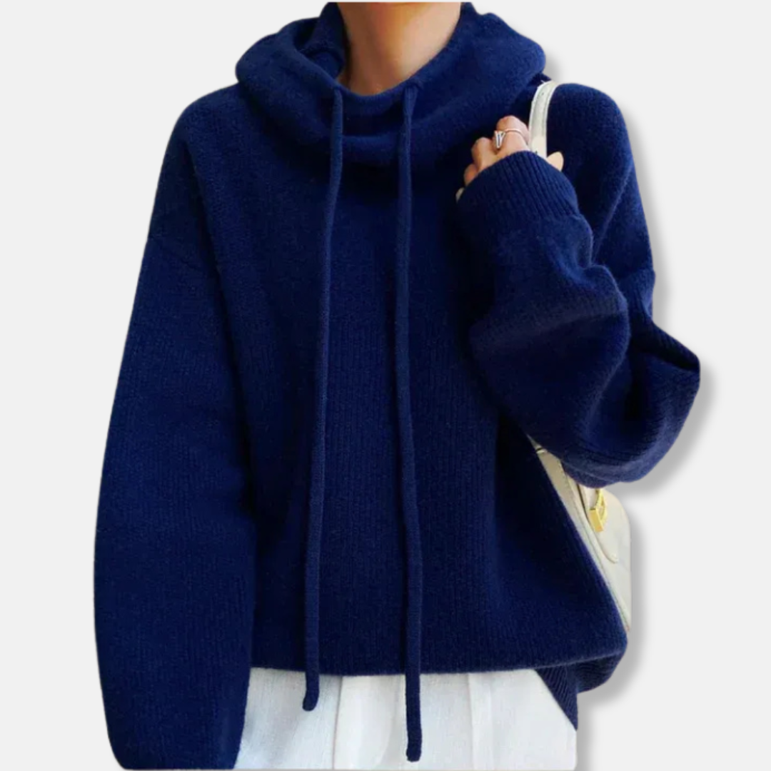 Women's oversized soft knit cowl neck sweatshirt with drawstring detail, relaxed chic silhouette