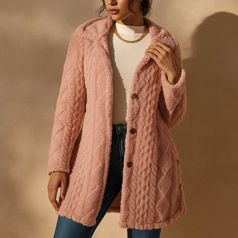 Women's plush jacquard coat with hood, relaxed fit, soft textured finish in cozy everyday style