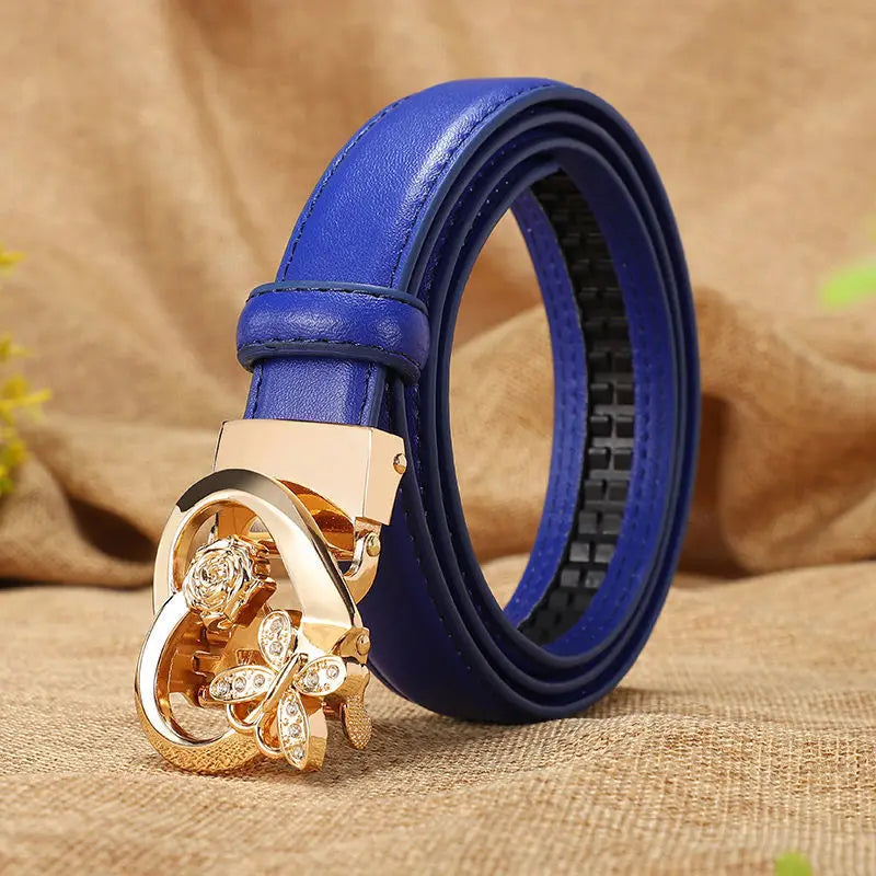 Women's high-gloss leather belt gold butterfly rose crystal buckle cinched waist luxe feminine accent
