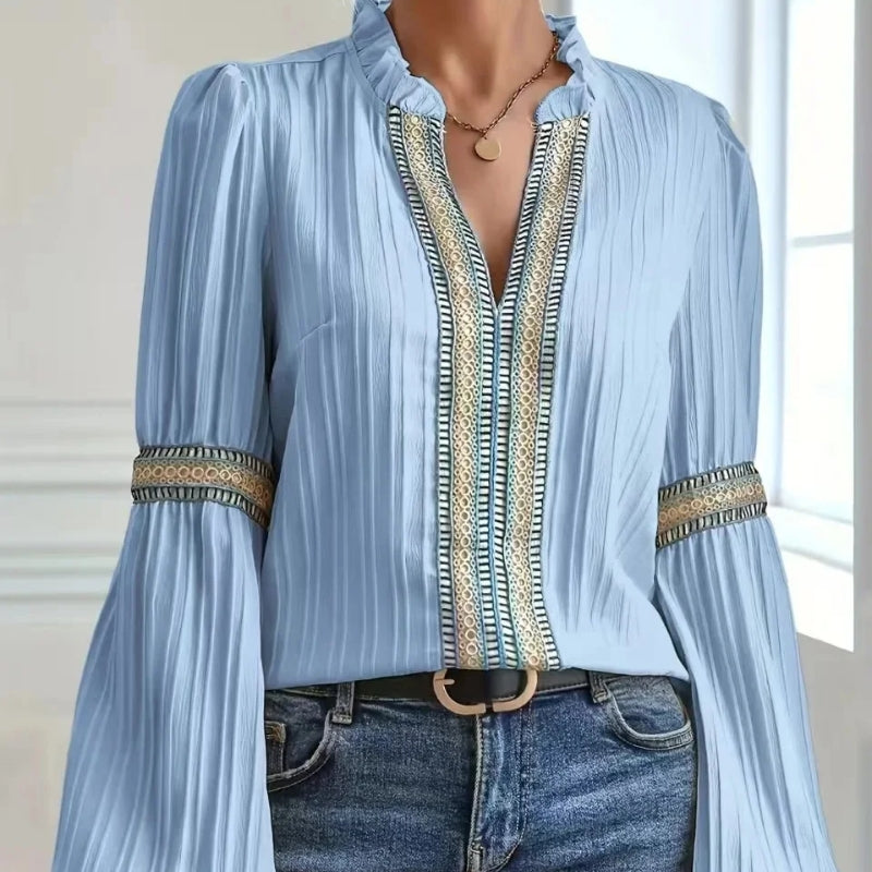 White professional women's blouse breathable blend pleated lines fluted sleeves hand-finished lacework
