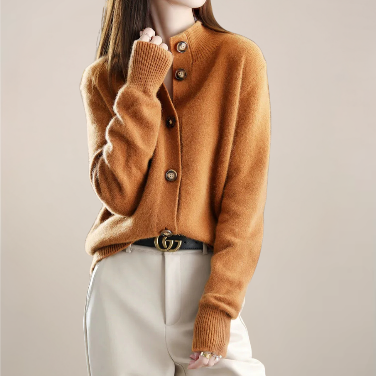 Women's cream cardigan sweater button-front soft collar regular fit cozy office layer