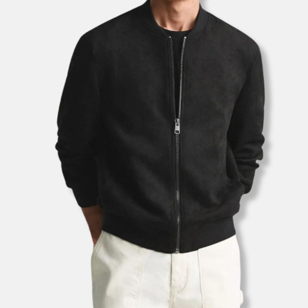 Men's brown cognac PU suede bomber jacket regular fit zip closure ribbed edges modern style