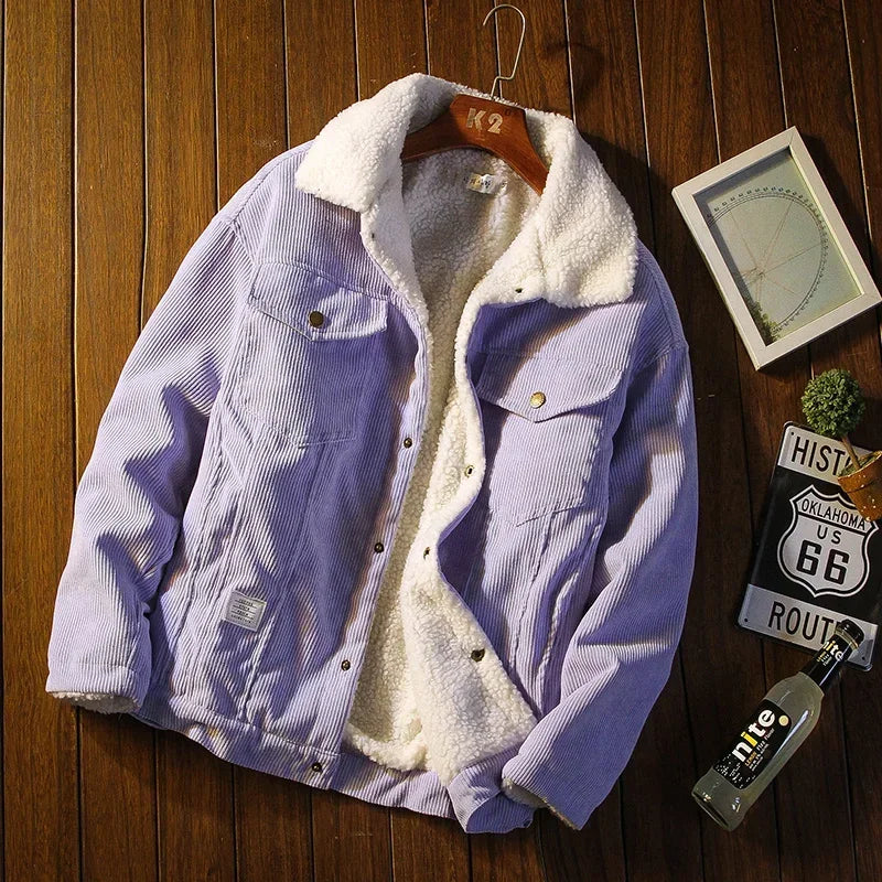 Unisex corduroy jacket vibrant color relaxed fit with deep pockets and premium snap buttons everyday wear