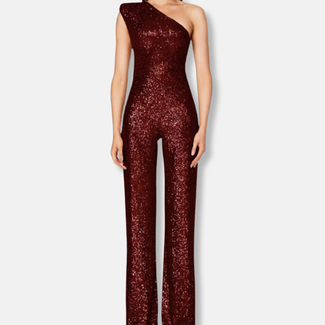 Women's silver sequined one-shoulder wide-leg jumpsuit sleeveless glamorous eveningwear flowing silhouette