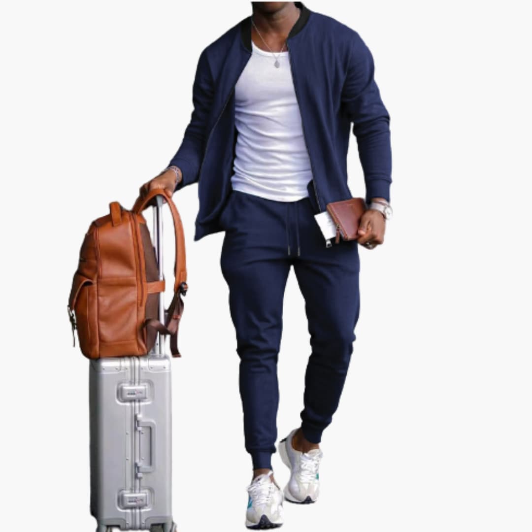 Men's gray textured zip jacket and tapered pants athleisure set with front zipper closure