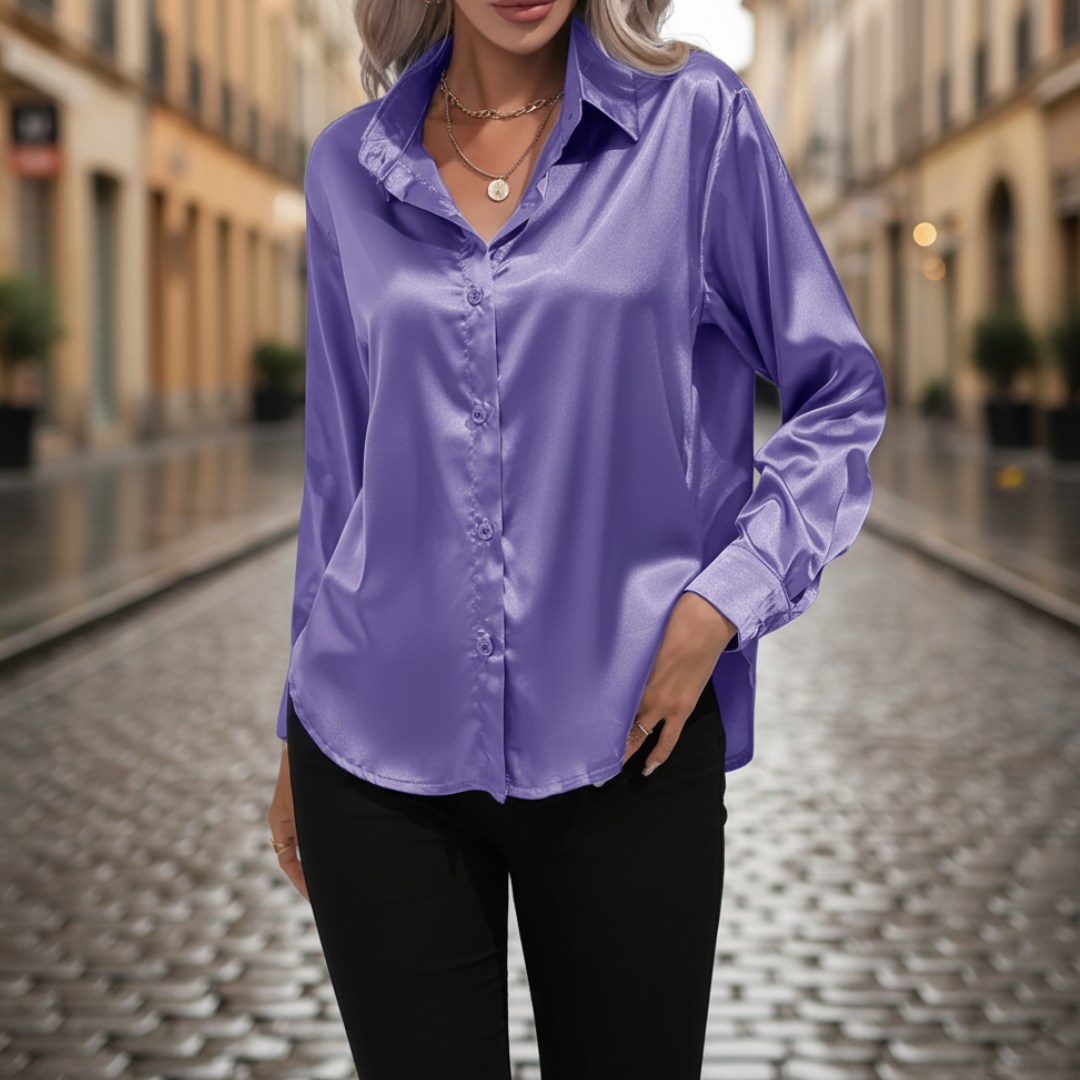 Women's ivory satin long-sleeve blouse with fluid drape, point collar, and classic cuff for business