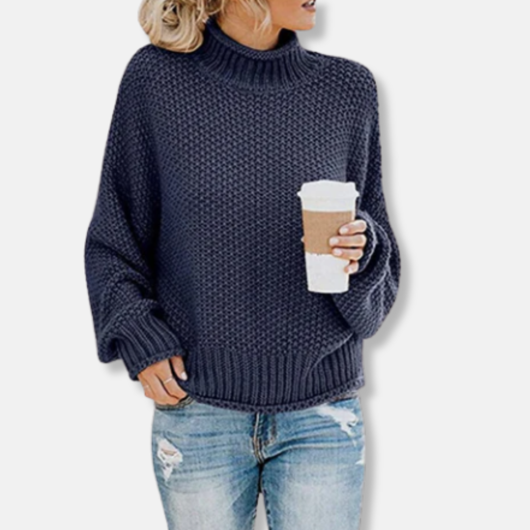 Women's oversized chunky knit sweater high neck dropped shoulder cozy warm pullover