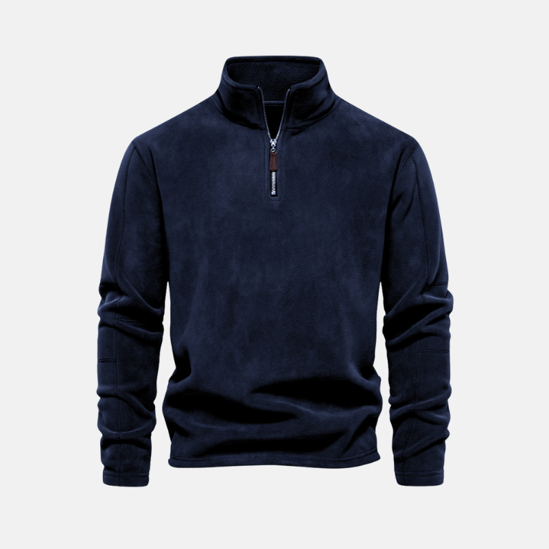 Men's gray fleece sweatshirt with stand collar and half-zip closure for elevated casual style