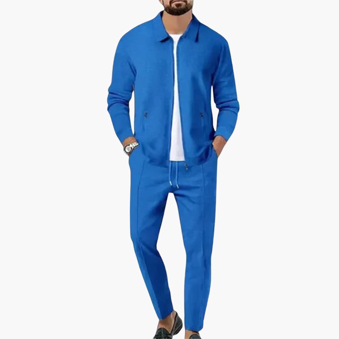 Men's lightweight two-piece zip-up collar shirt and straight-cut pants set for versatile everyday wear