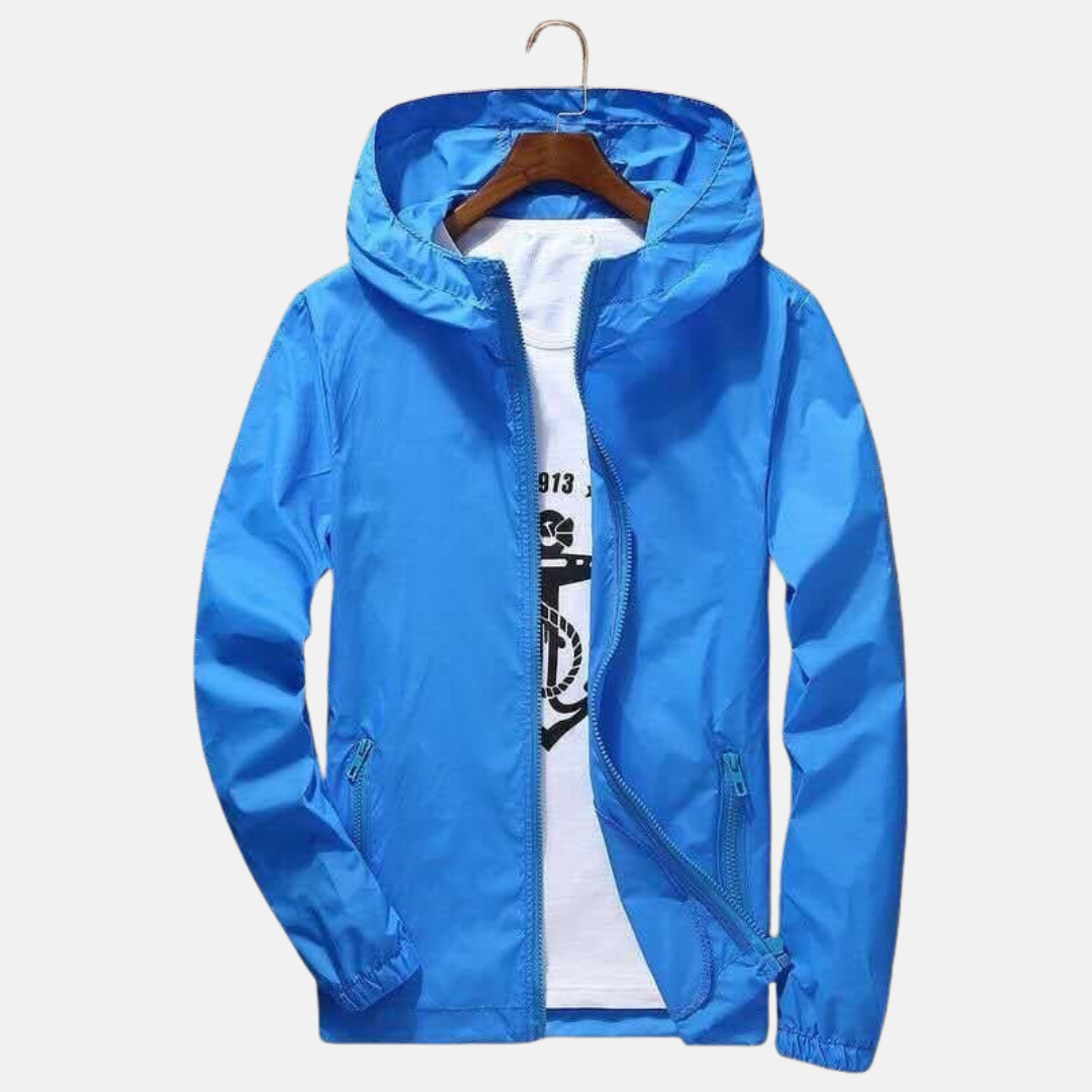 Men's navy blue hooded windbreaker regular fit full-zip casual hip-length elastic hem