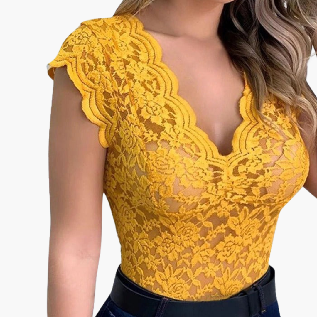 Women's white floral lace bodysuit with flattering V-neckline, delicate elegant everyday top