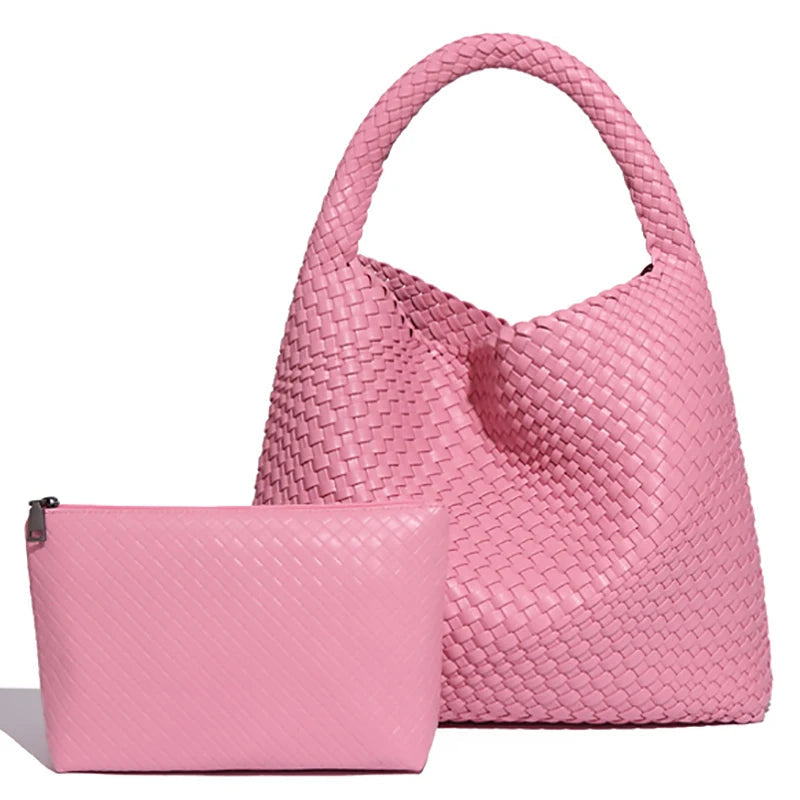 Renza vegan leather woven tote bag beige basketweave magnetic closure everyday shoulder bag