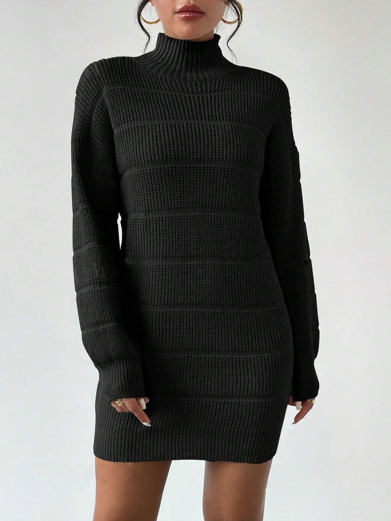 Women's ribbed-knit turtleneck mini dress with bold rib texture and structured sculpted silhouette