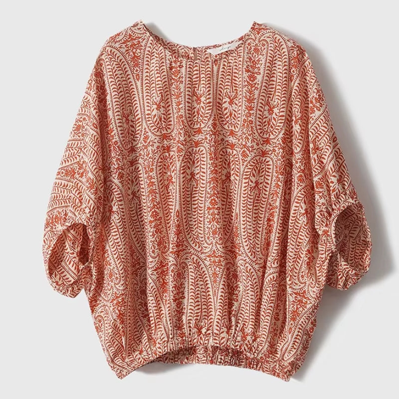 Vintage flowy blouse batwing sleeves back ribbon accent lightweight retro-inspired print women
