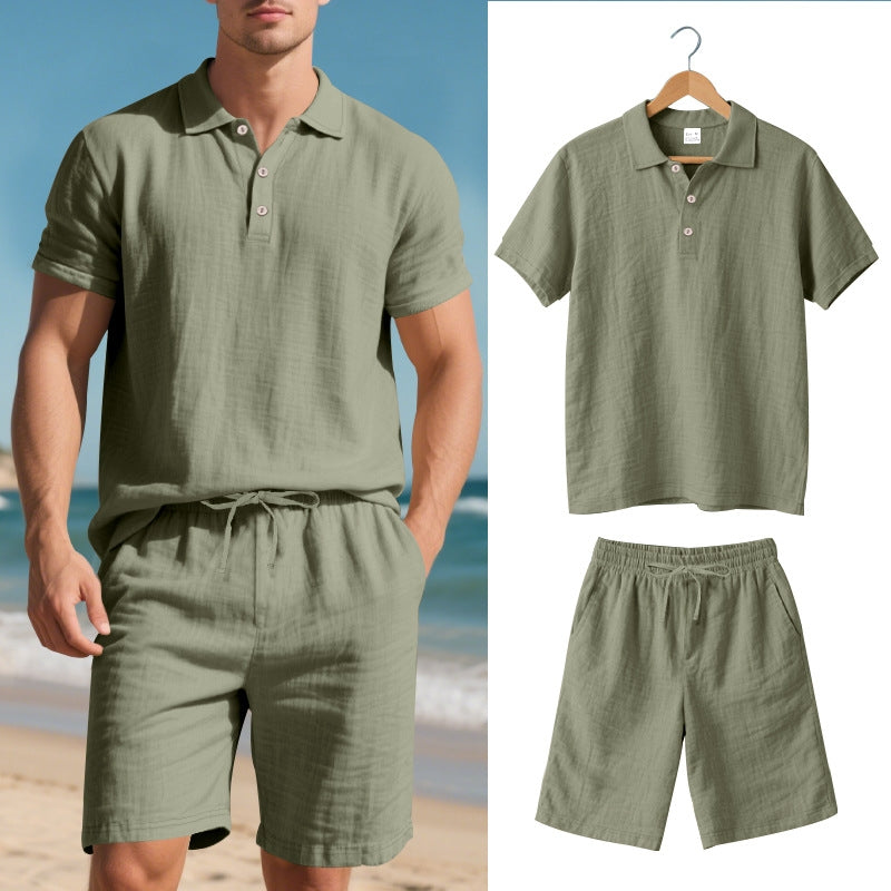 Men's linen polo two-piece set beige relaxed straight cut with adjustable drawstring waist