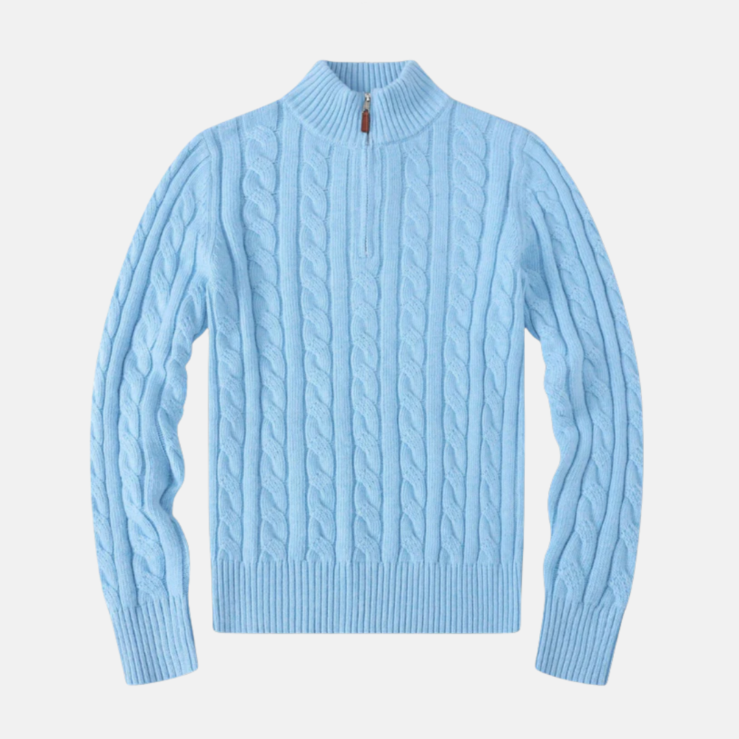Men's cable knit cotton blend half zip sweater with stand-up collar smart casual style