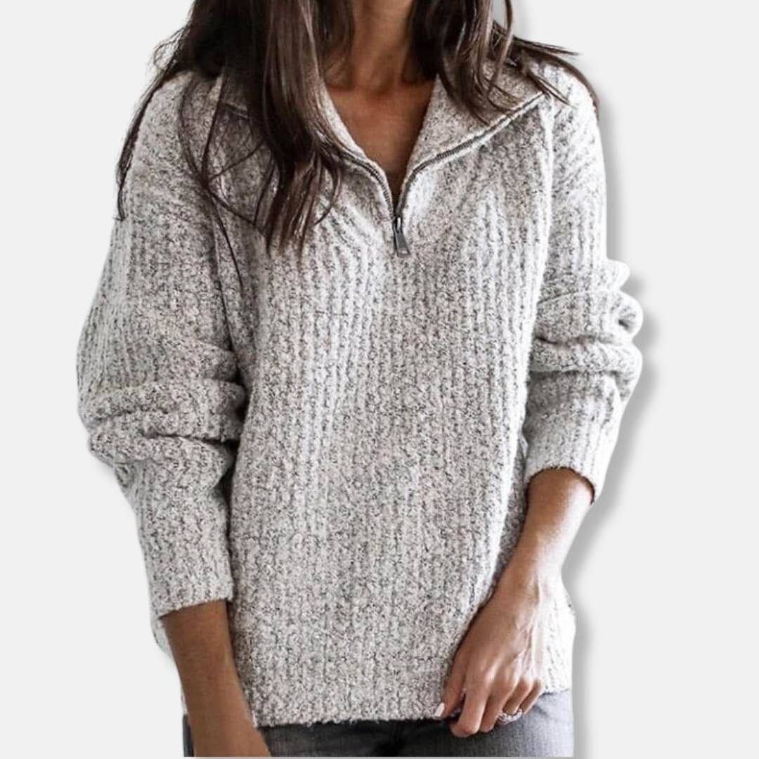 Women's ribbed half-zip collar sweater relaxed fit hip-length chic comfort knit top