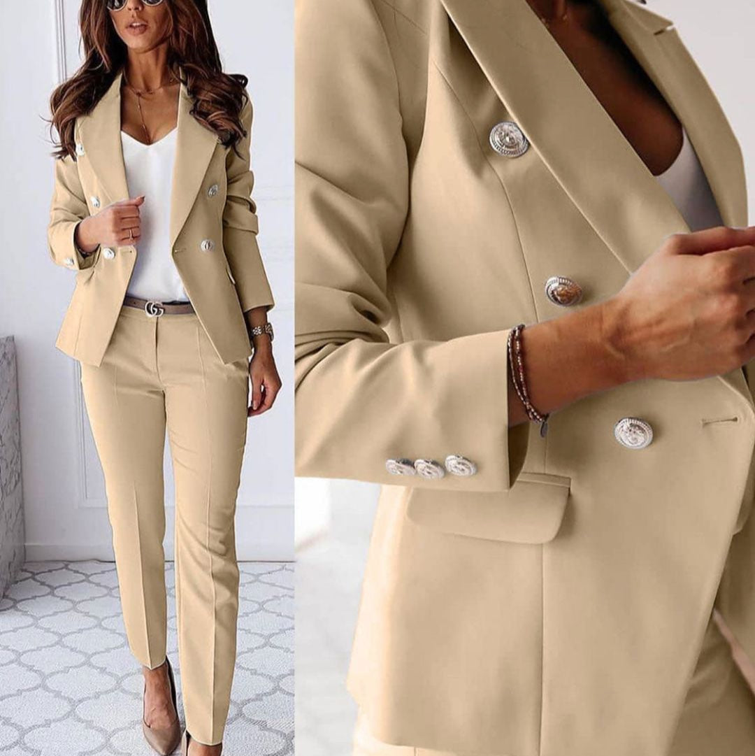 Women's navy double-breasted suit set tailored blazer straight-leg trousers metallic buttons