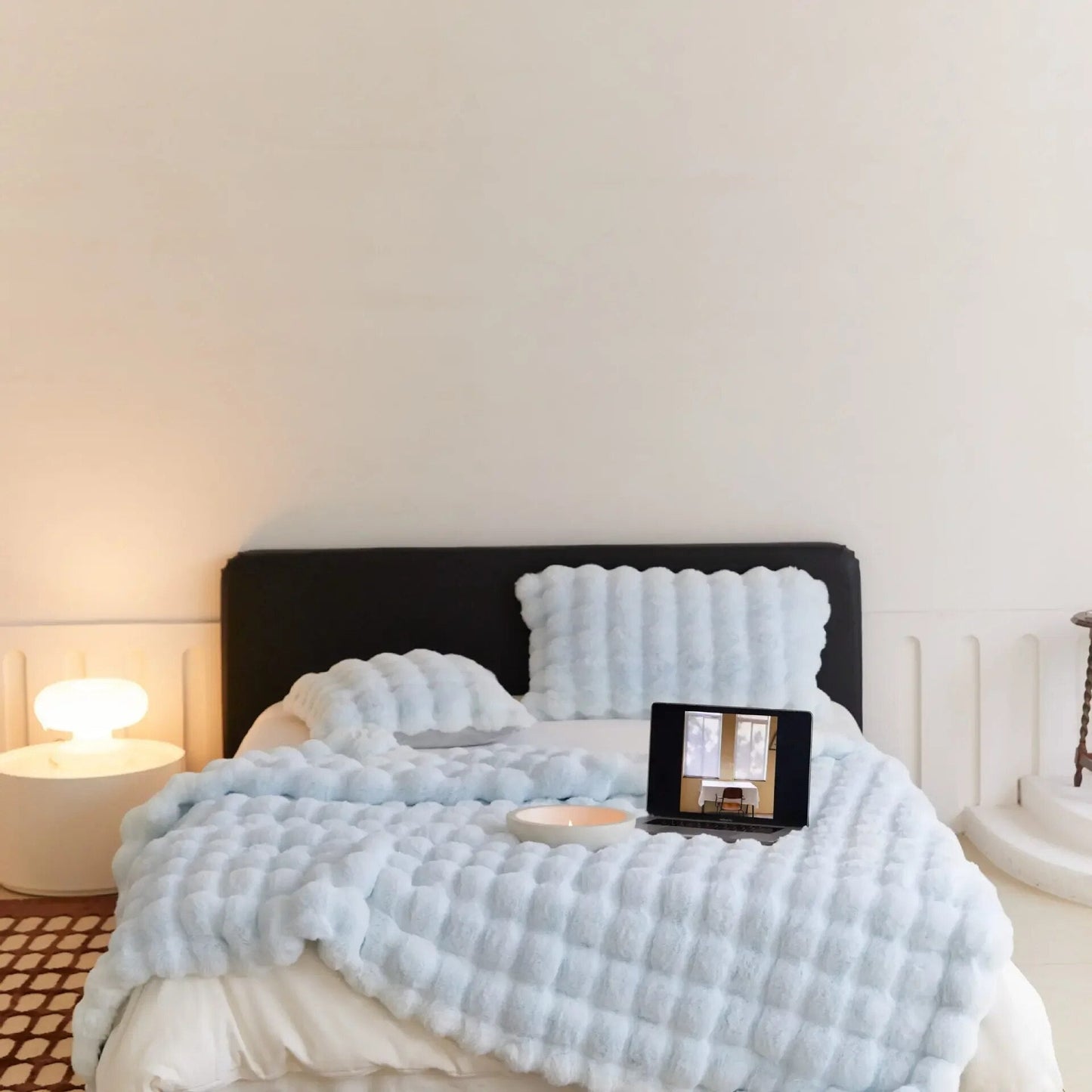 Plush wool throw blanket ultra-soft breathable fleece in neutral tone, oversized cozy bedroom sofa wrap