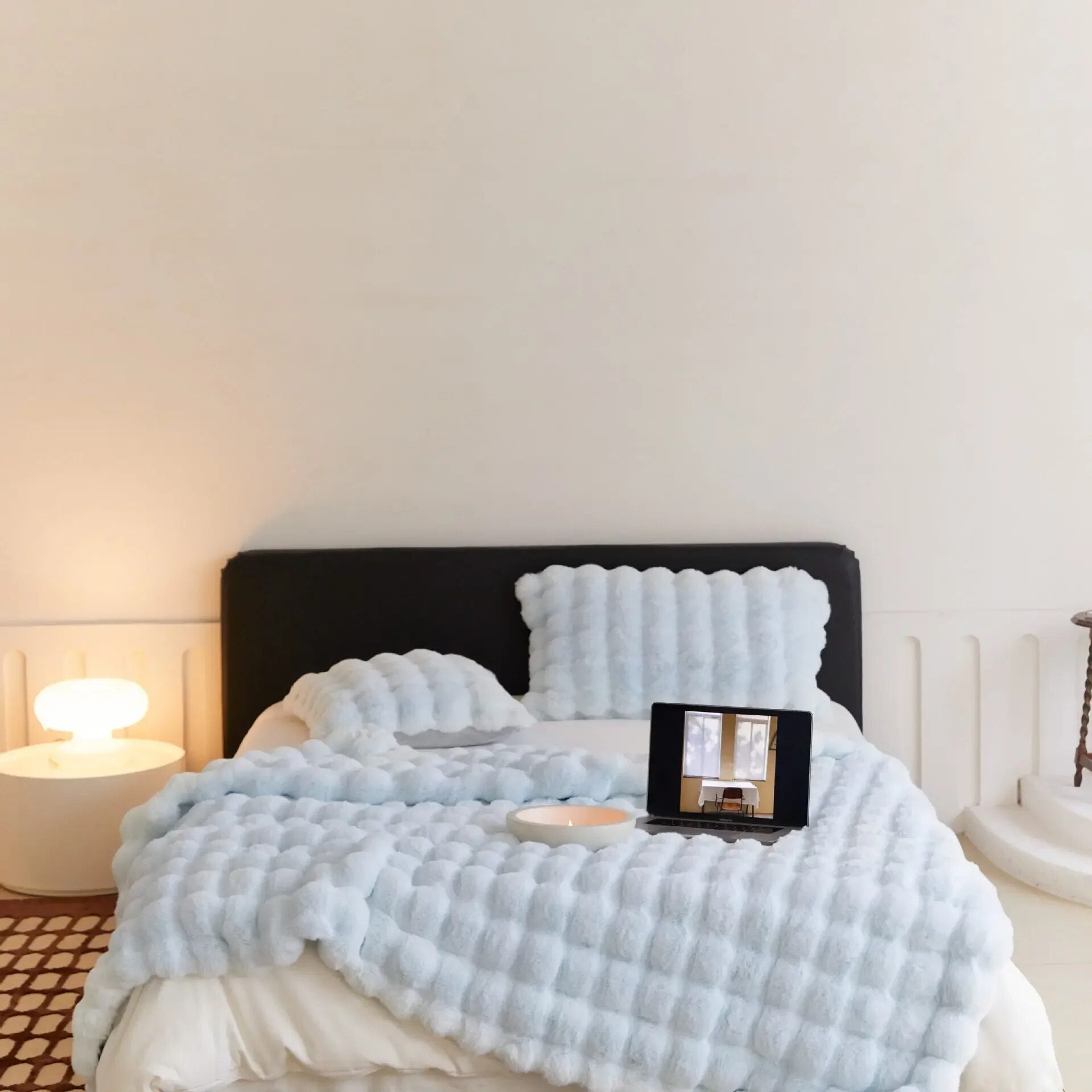 Plush wool throw blanket ultra-soft breathable fleece in neutral tone, oversized cozy bedroom sofa wrap