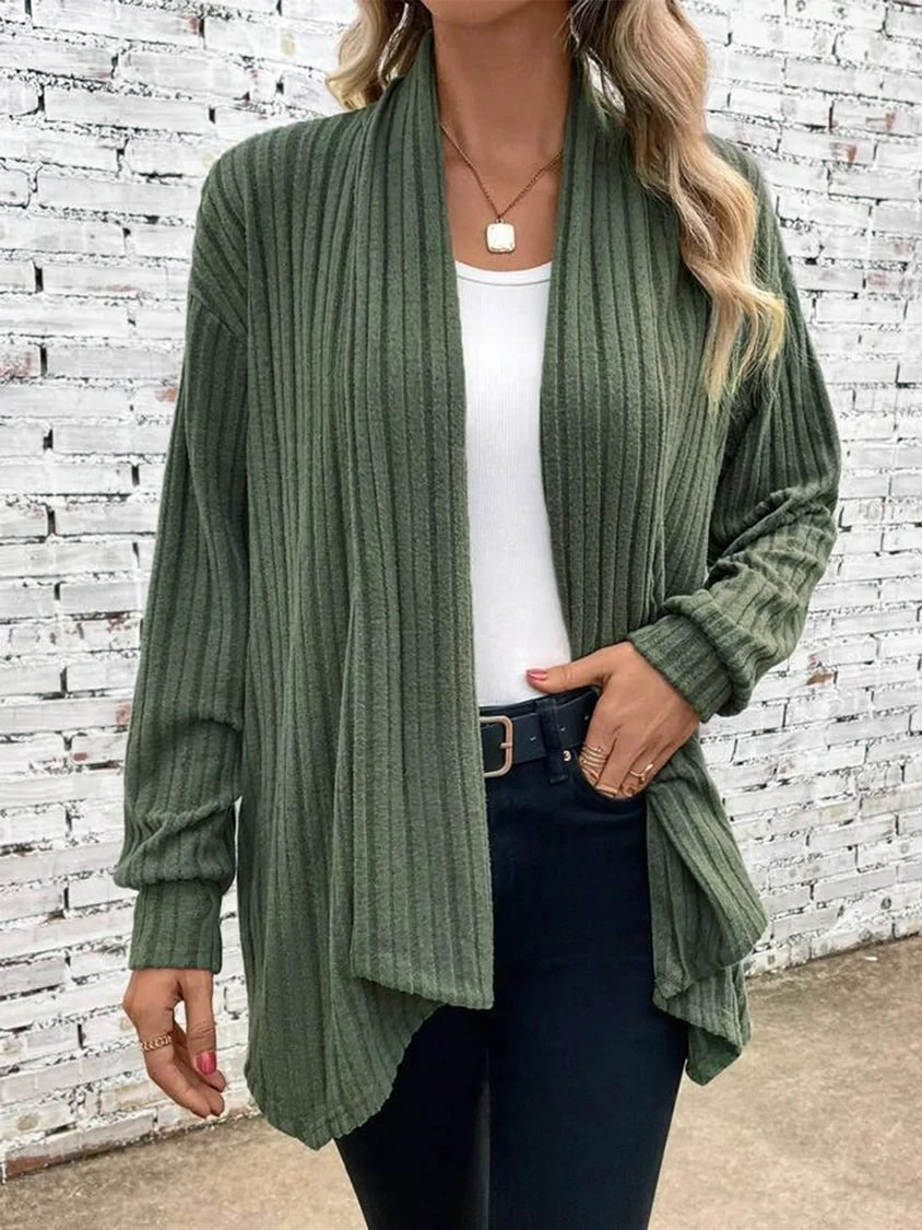 Women's soft knit cardigan lightweight open-front drape style in neutral tone for everyday layering