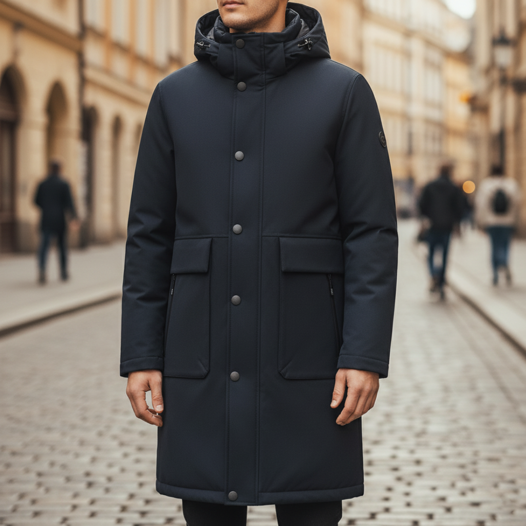 Men's long winter parka blue black windproof adjustable hood thermal knee-length coat