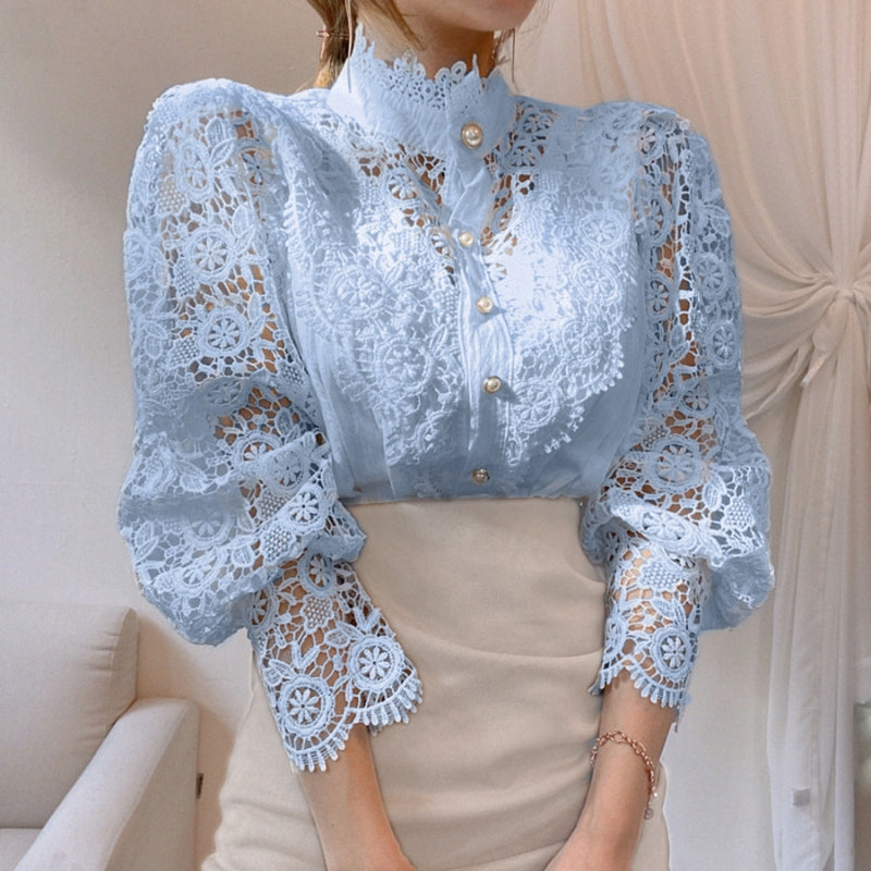 White vintage lace blouse women lightweight openwork silhouette Parisian charm breathable summer top