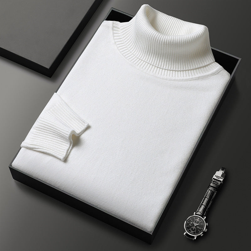 Men's lightweight cashmere blend turtleneck sweater with structured neckline, slim fit cold-weather essential