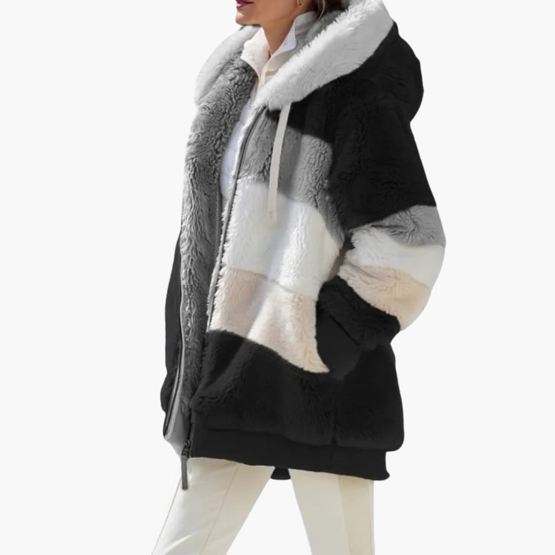 Women's casual zip-up hooded jacket with textured stripe surface and drawstring hood