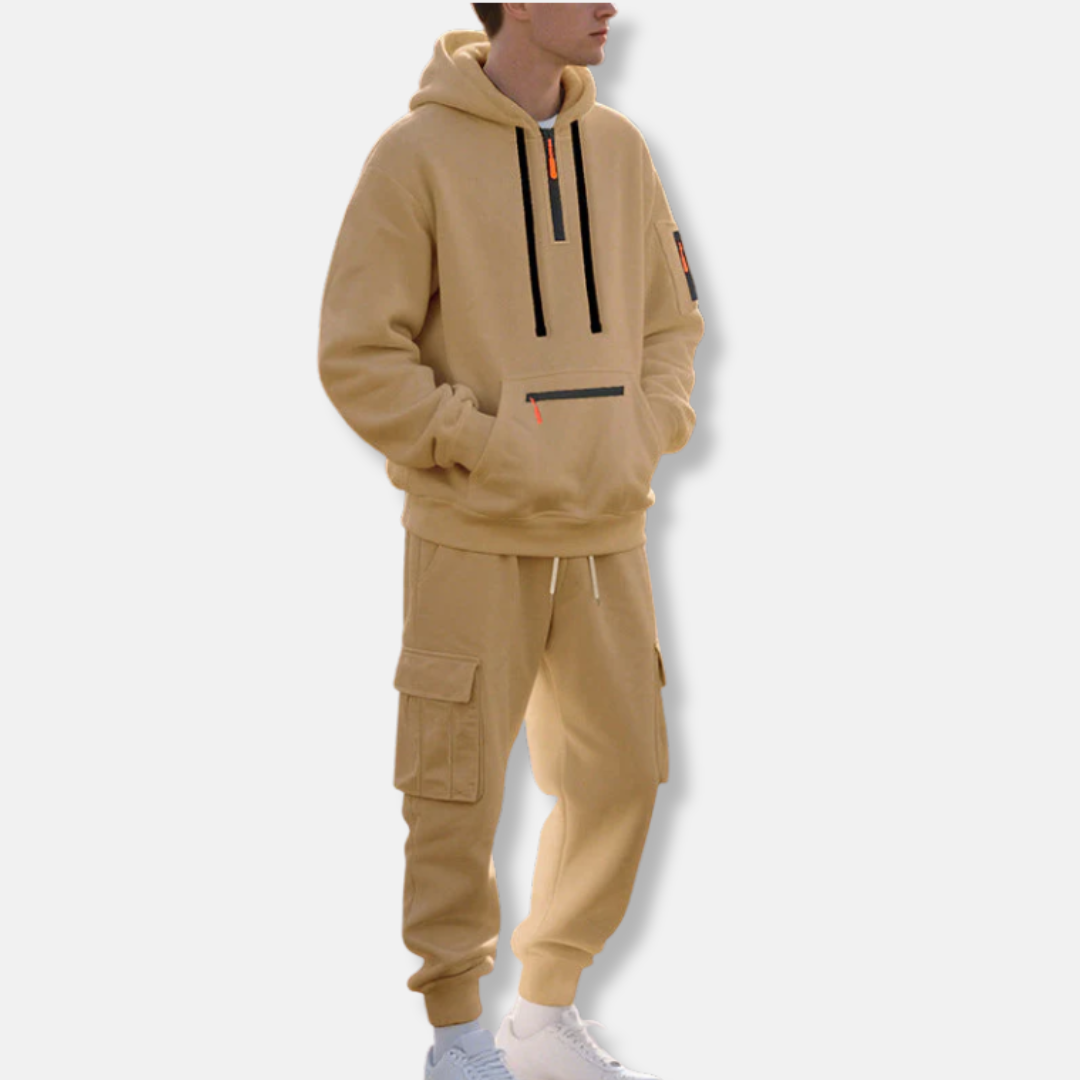 Men's gray relaxed-fit tracksuit set with half-zip hoodie and cargo joggers for streetwear style