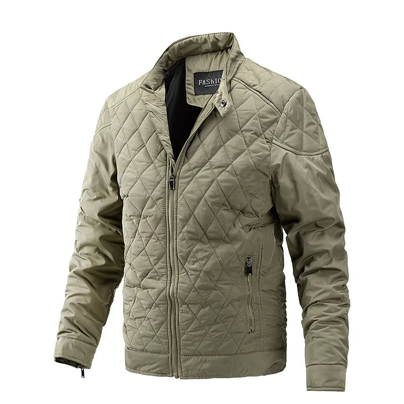 Men's lightweight black puffer jacket with diamond quilting pattern and front zipper closure