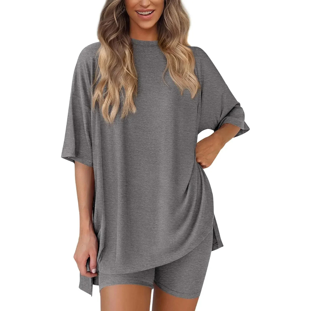Women's relaxed two-piece lounge set lightweight breathable polyester loose top and shorts summer comfort