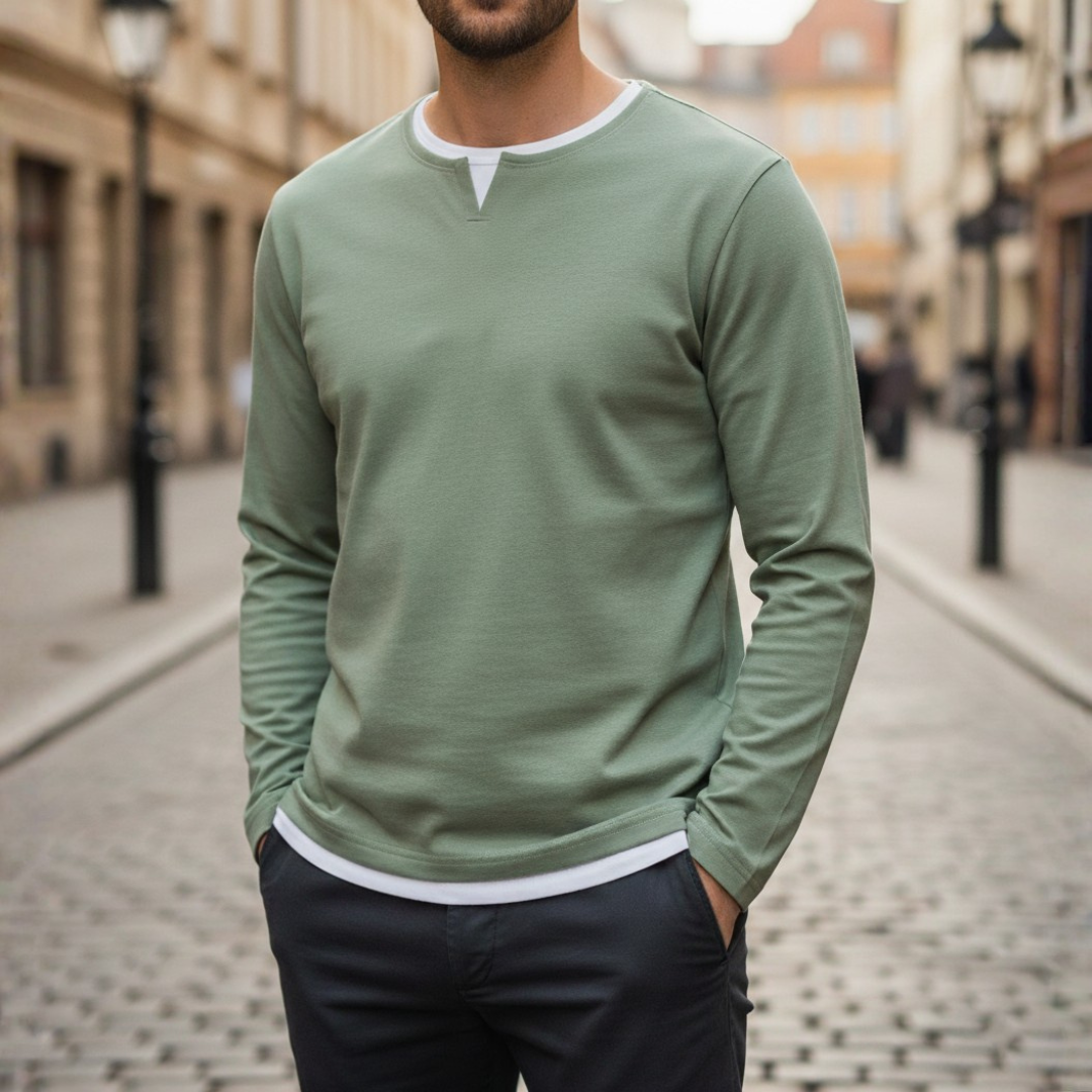 Men's green V-neck sweatshirt long sleeve with contrast trim, casual everyday comfort fit