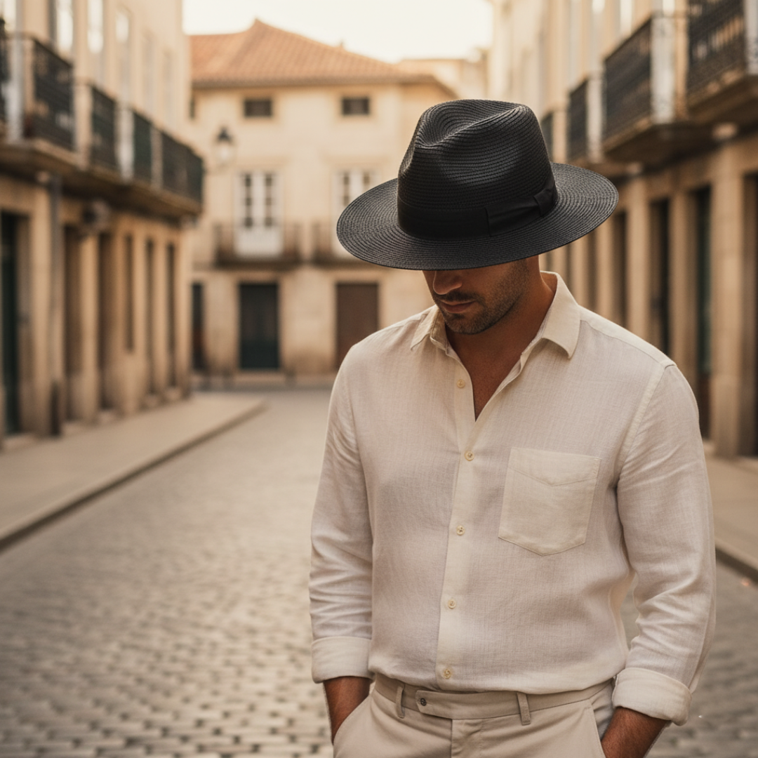 Men's premium straw fedora hat medium brim dark contrast band sun shade travel outdoor khaki