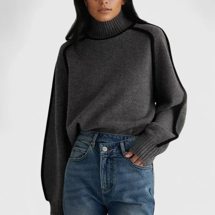 Women's cream turtleneck sweater with contrast trim, minimalist cut for sophisticated weekend style