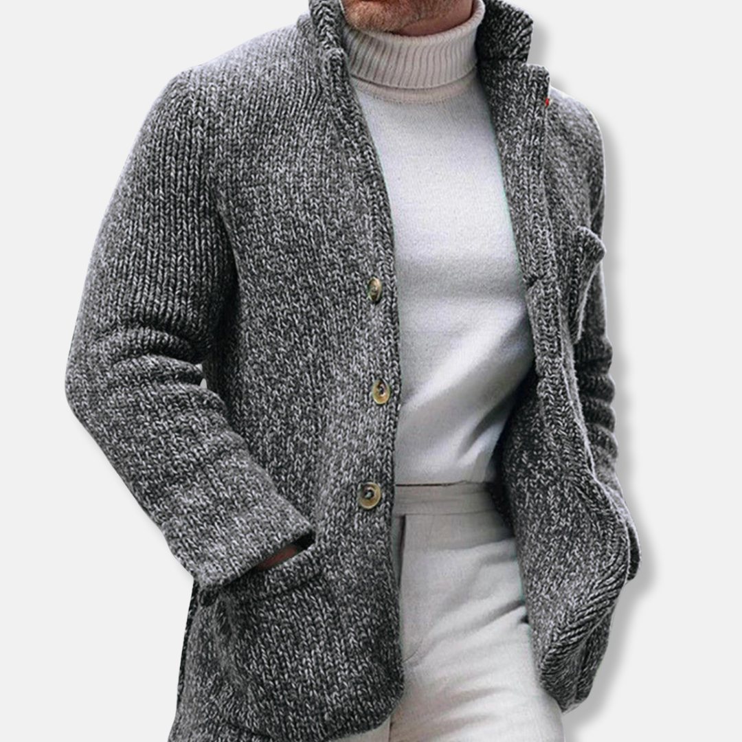 Men's textured knit cardigan stand collar single-breasted smart casual fall layer with patch pockets