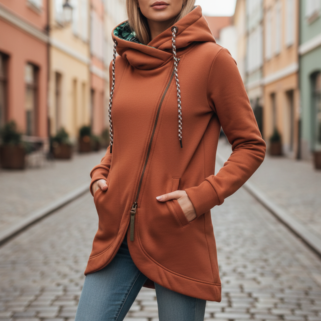 Women's long grey hooded sweatshirt asymmetric zip high collar A-line casual fit