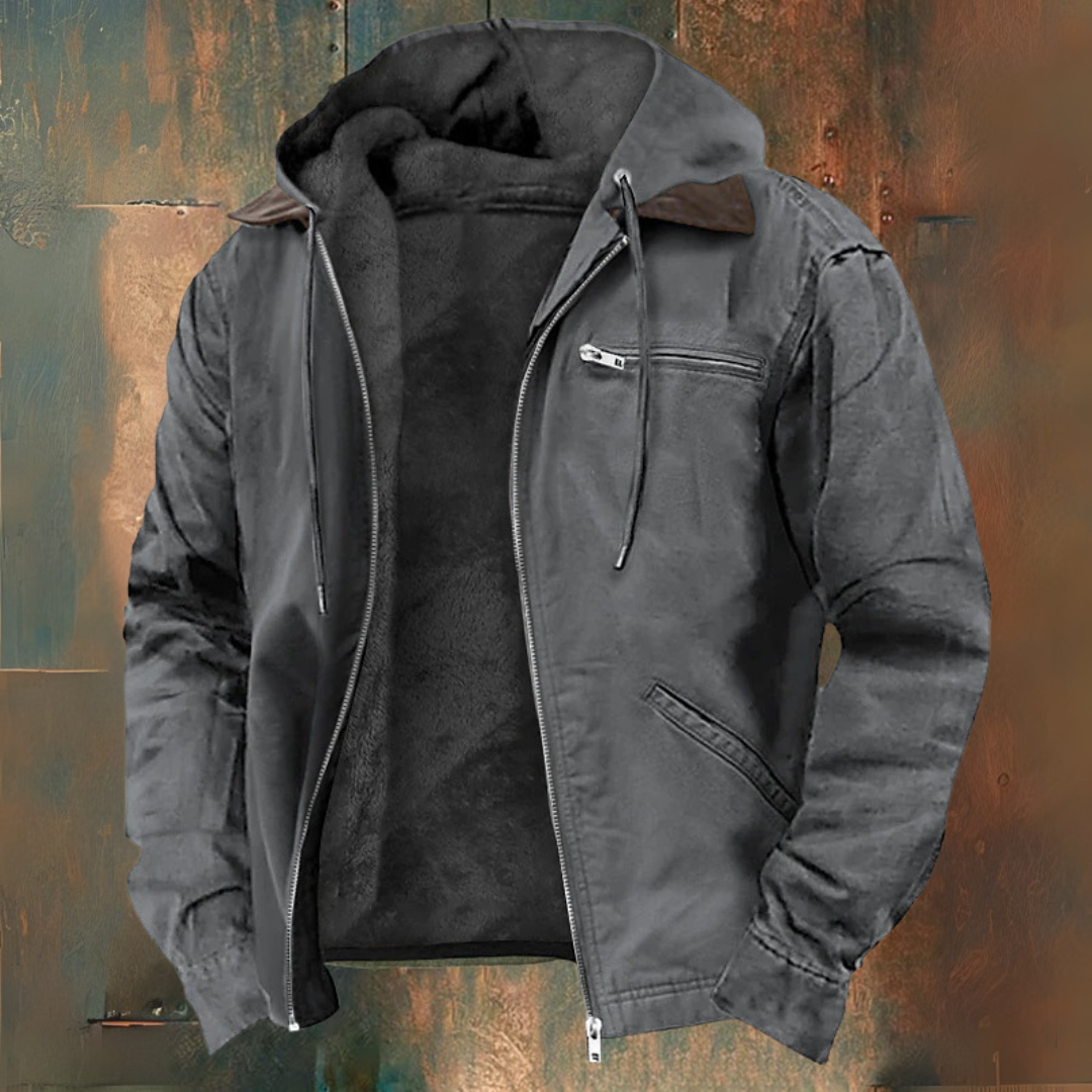 Men's winter hooded jacket black full zip soft-lined interior zippered chest pocket cold weather