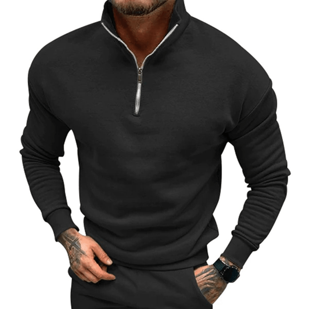 Men's slim fit half-zip sweatshirt in neutral tone, versatile layering piece for travel and everyday wear