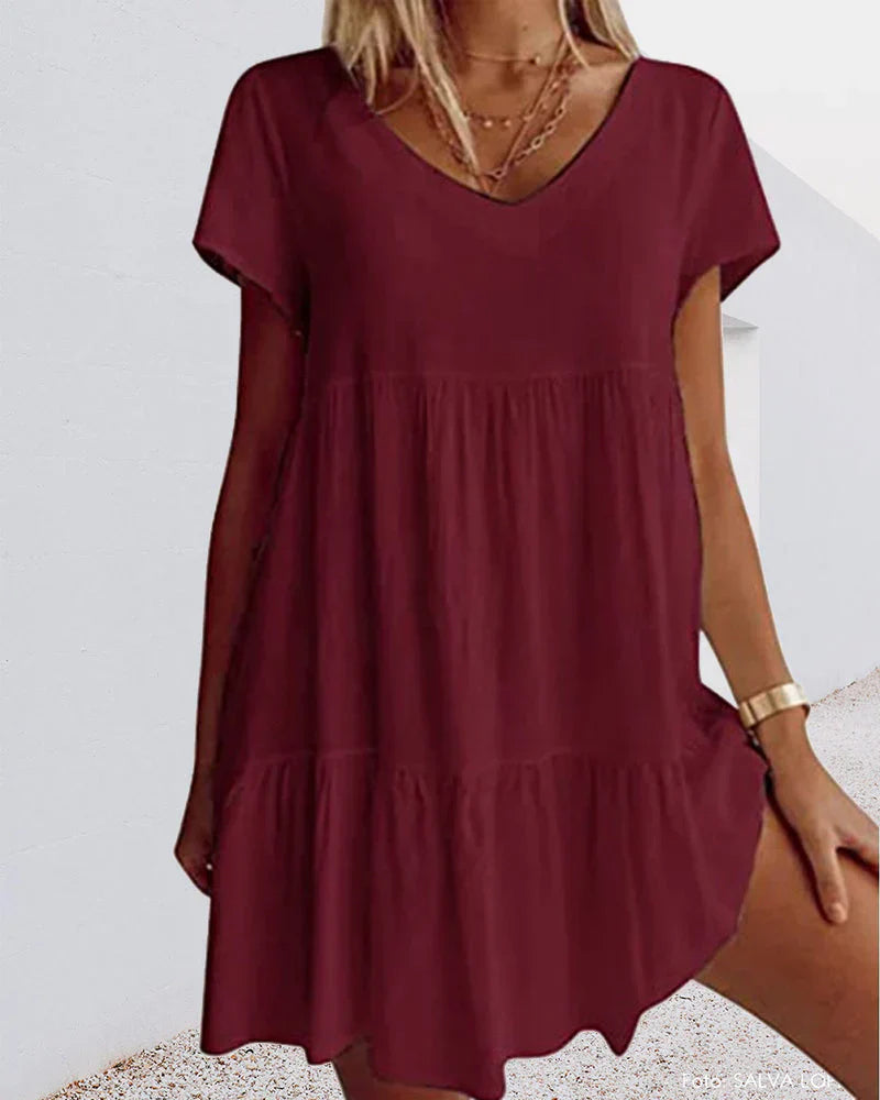 Women's casual cotton blend summer dress with short sleeves and feminine ruffle details, lightweight comfort