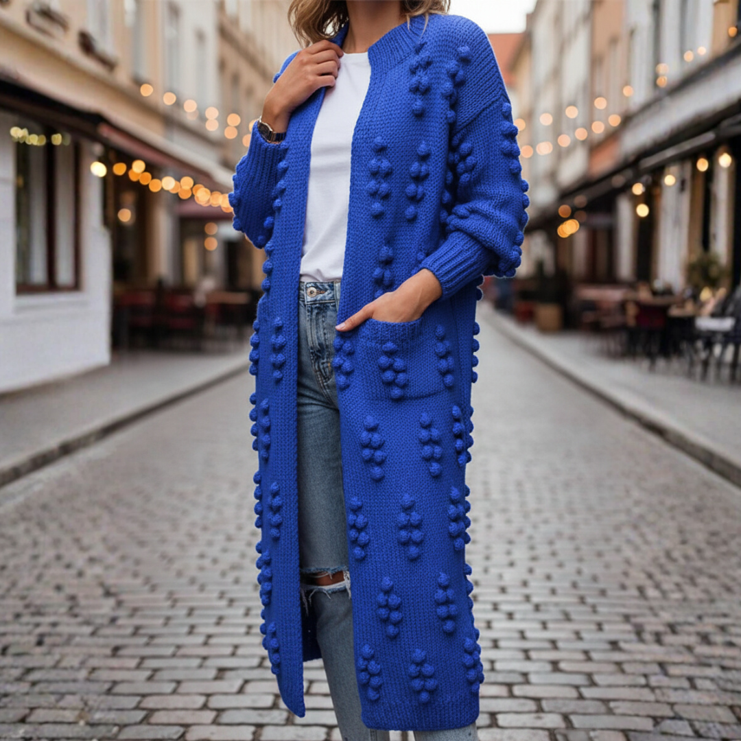 Women's long thick knit bohemian cardigan, open-front cozy layering piece with 3D raised knitwork