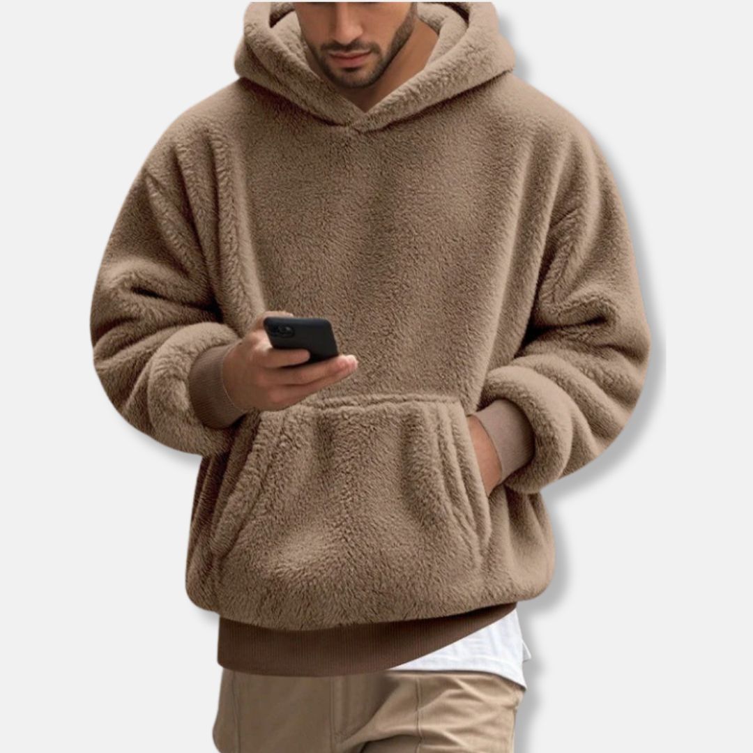 Men's fleece hoodie V-neck relaxed fit with kangaroo pocket hip length casual cozy style