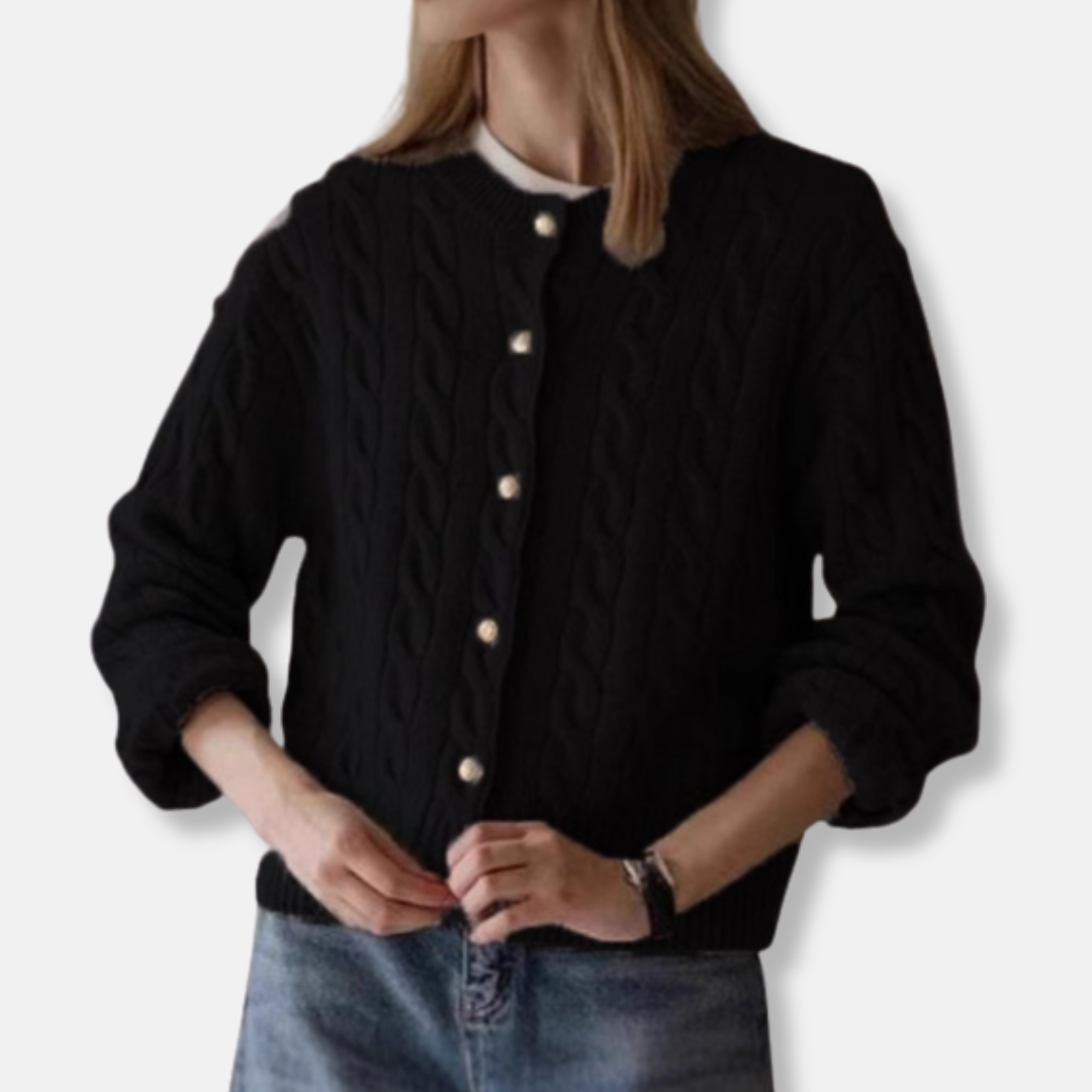 Women's beige cable knit cardigan relaxed fit button closure ribbed edges everyday layering