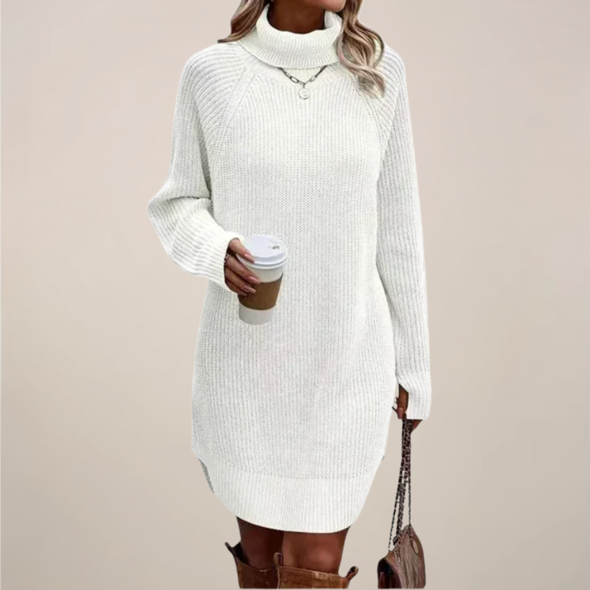 Women's burgundy turtleneck knit sweater dress raglan sleeves knee-length relaxed fit