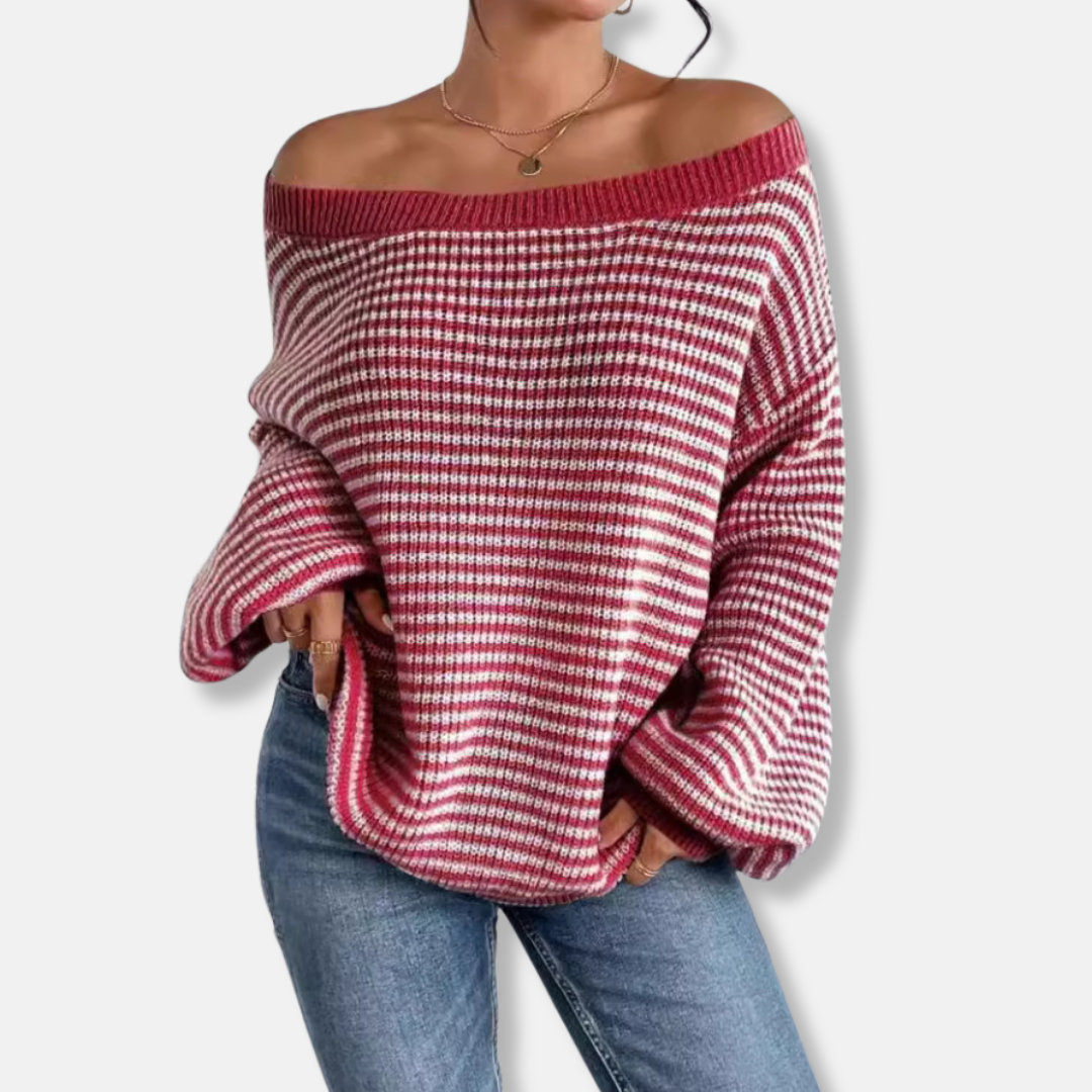 Women's loose knit sweater boat neck lantern sleeves relaxed chic fall pullover top