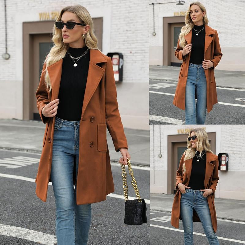 Maribel women's camel wool-blend double-breasted mid-length coat with clean tailored silhouette