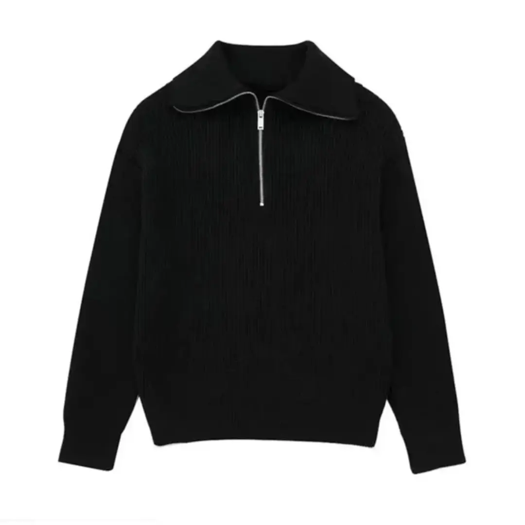 Unisex relaxed fit Nordic stripe zip-up sweater in nautical-inspired colors with easy zip collar