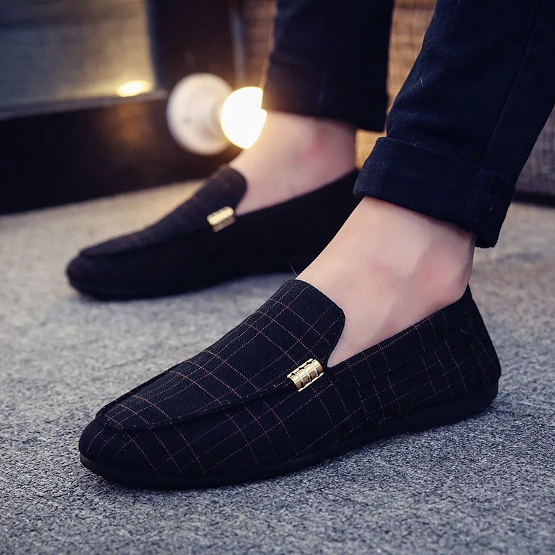 Men's canvas loafer slip-on shoe in neutral tone with gold accent and geometric pattern detailing