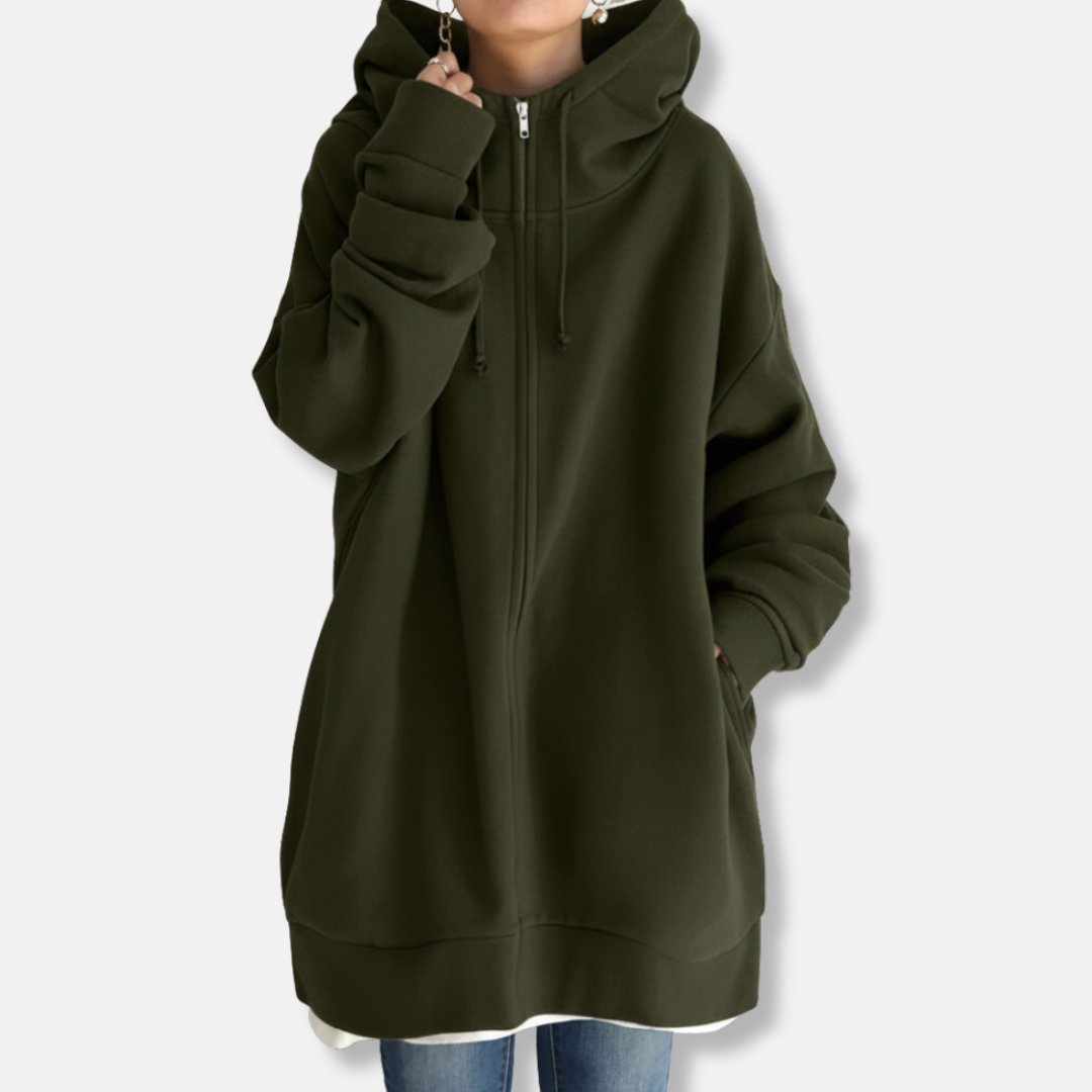 Women's oversized plush fleece zip-front hoodie in casual relaxed fit, soft warm layer for fall winter